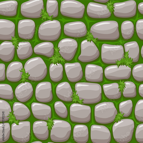 Gray old stone on grass texture, cartoon seamless background