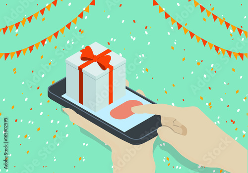  Isometric gift with hand holding phone