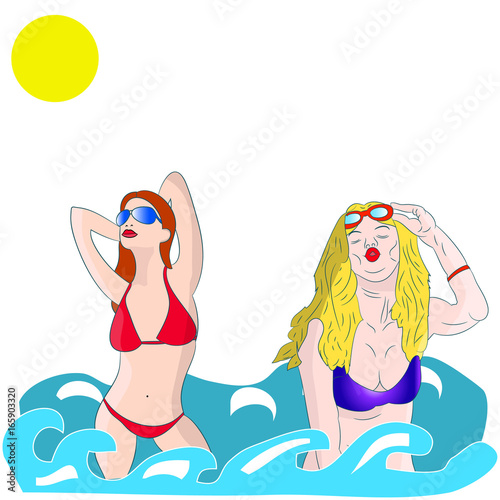 Two sexy women in a bikini on the sea, on a white background.