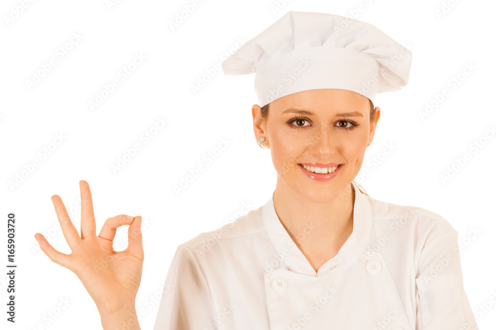 Beautiful young chef woman gestures excelent isolated over white background Beautiful young chef woman gestures excelent isolated over white background