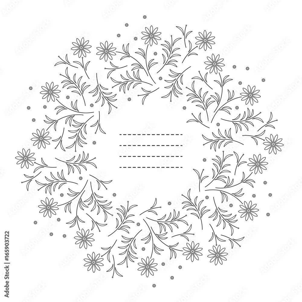 Cute round frame with chamomile flowers and leaves isolated on white background