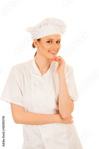 Beautiful Happy young chef cooks isolated over white