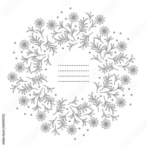 Cute round frame with chamomile flowers and leaves isolated on white background