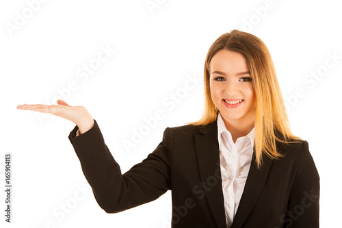 business woman holds hand over copy space for marketing a product