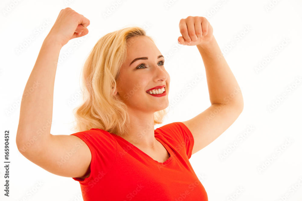 Attrctive young blonde woman gesture success with arms up isolated over white background Attrctive young blonde woman gesture success with arms up isolated over white background