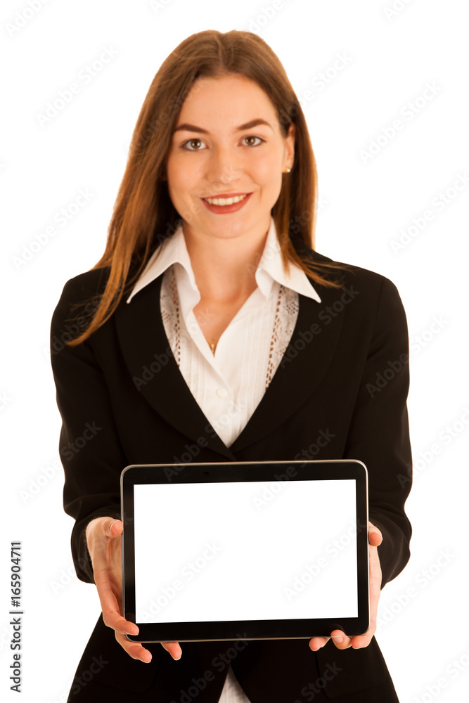 attractive young business woman showing presentation on her tablet attractive young business woman showing presentation on her tablet