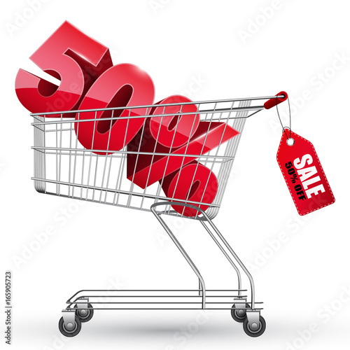 50 percent discount sale banner with market trolley, vector illustration