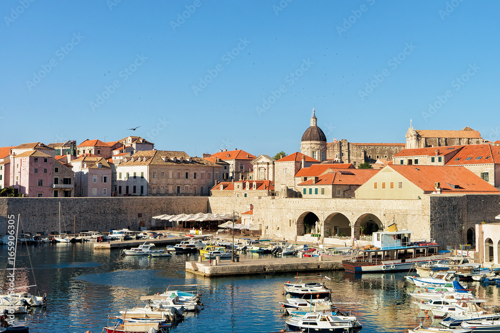 SailBoats in Old port and Dubrovnik Cathedral
