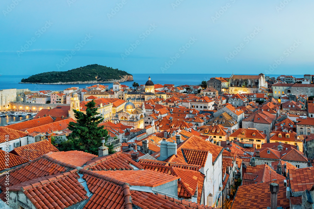 Dubrovnik old town Lokrum Island and Adriatic sea in evening