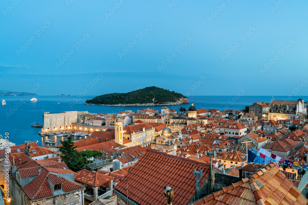 Dubrovnik old town Lokrum Island and Adriatic sea at dusk