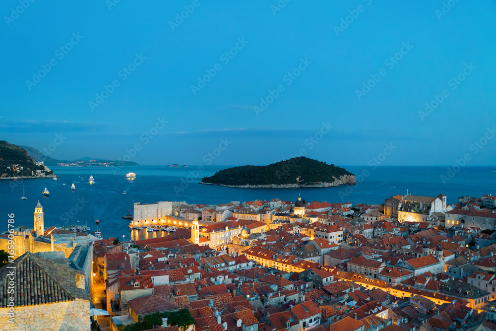 Dubrovnik old city Lokrum Island Adriatic sea at night