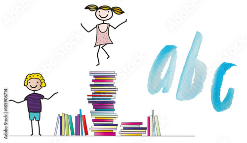 Back to school - fröhliche Kinder mit abc Buchstaben und Büchern, Schulanfang, Schulbeginn, Schulkind, gemeinsam Lernen, Integration, Inklusion