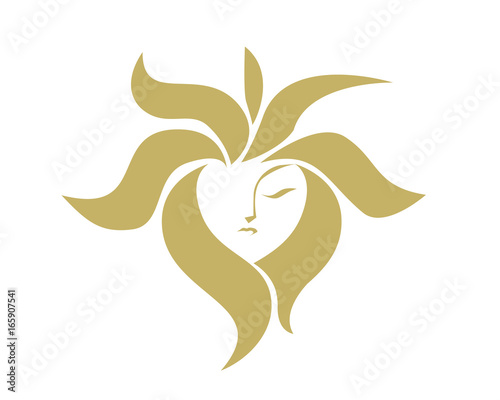 Natural Organic Beauty Female Face Logo - Abstract Female Face Forming A Gold Sun Figure