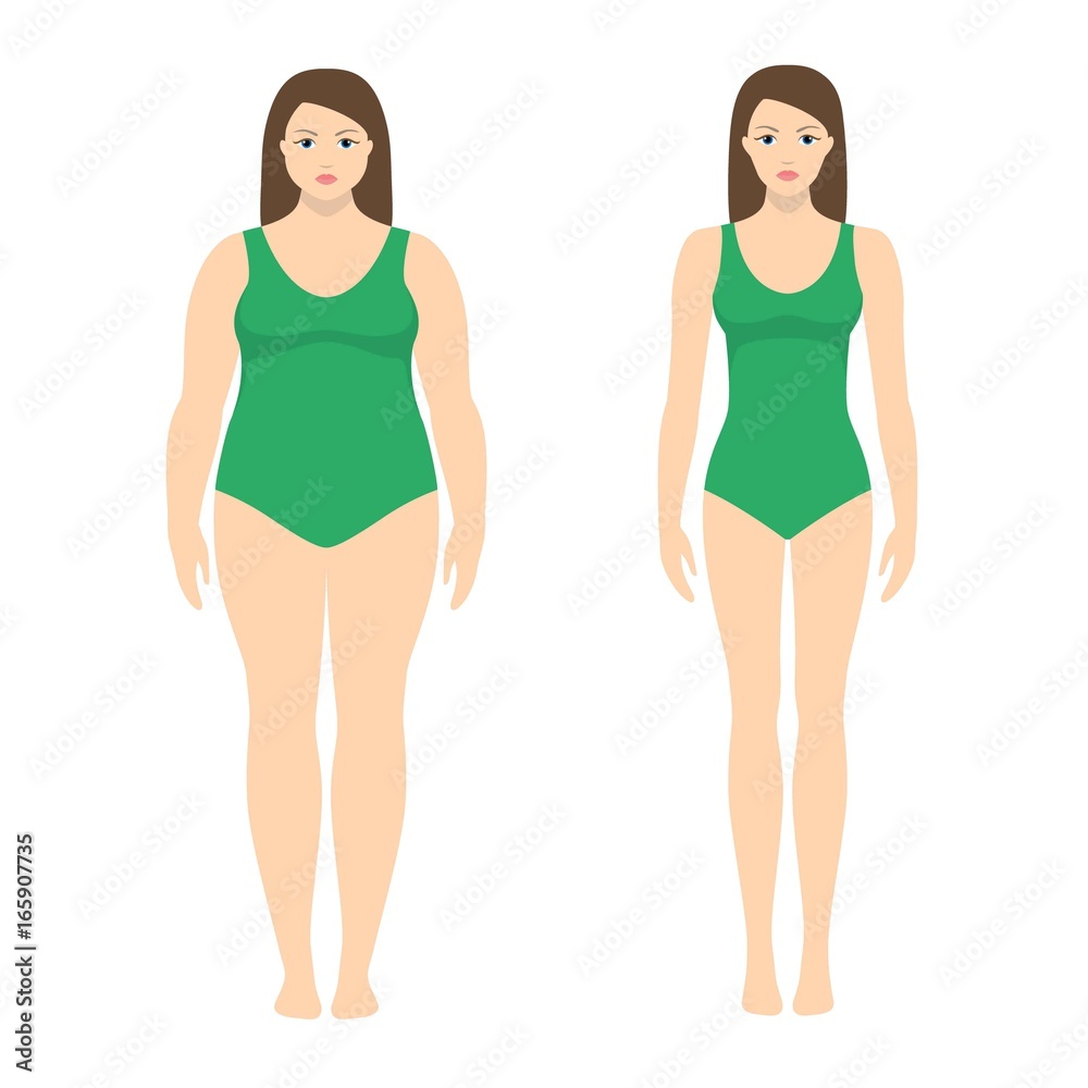 Vector illustration of a woman before and after weight loss. Female body in flat style. Successful diet and sport concept. Slim and fat girls. Vector illustration of a woman before and after weight loss. Female body in flat style. Successful diet and sport concept. Slim and fat girls.