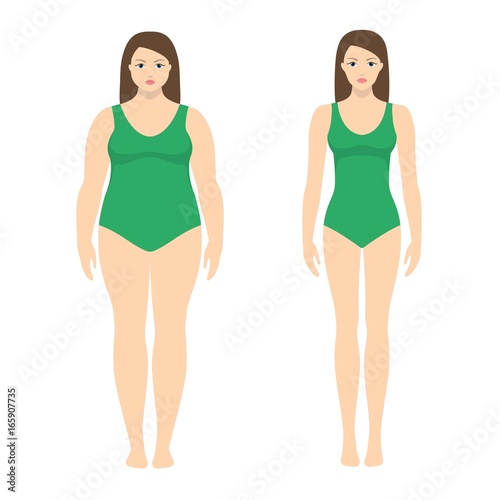 Vector illustration of a woman before and after weight loss. Female body in flat style. Successful diet and sport concept. Slim and fat girls.