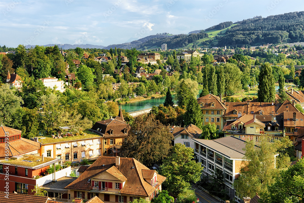 Bern city landscape with Aare River and buildings Swiss