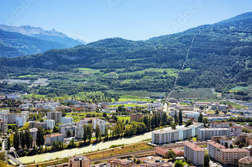 City in Sion with Rhone River capital Valais Switzerland