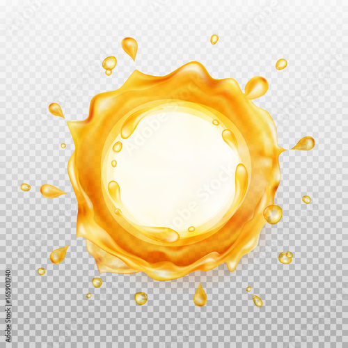 Juice frame. Transparent orange liquid splash. Water, honey, oil, juice, beer, shampoo. Vector illustration.