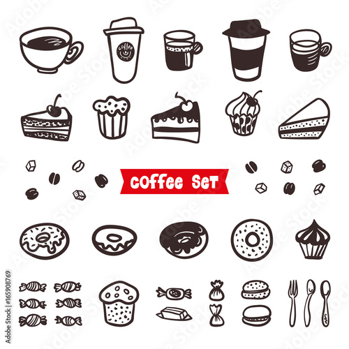 Coffee Attributes set. Outline Hand Drawn elements. Different cups of coffee Espresso, cappuccino, latte, ristretto, americano, raf, makiato, cheesecake, sweets, cupcakes, donuts and delicious cakes photo