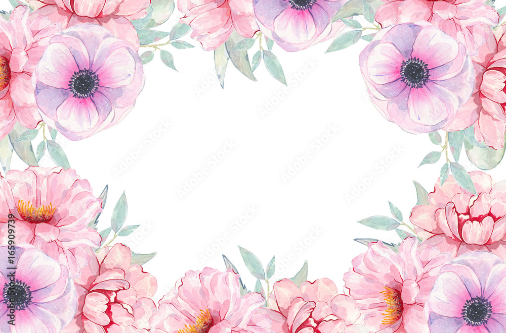 Watercolor hand painted flower pink anemone and peony invitation card isolated on white background Watercolor hand painted flower pink anemone and peony invitation card isolated on white background