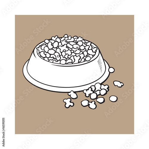Blue shiny plastic bowl filled with dry pelleted food for pet, cat, dog, black and white sketch style vector illustration isolated on brown background. Hand drawn bowl, plate filled with dry pet, dog