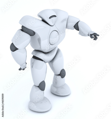 3D rendering of futuristic robot points with a finger, presses the button, isolate on white © Optinik