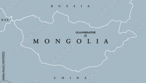 Mongolia political map with capital Ulaanbaatar. Landlocked unitary sovereign state in East Asia between Russia and China. Former Outer Mongolia. English labeling. Gray illustration. Vector.