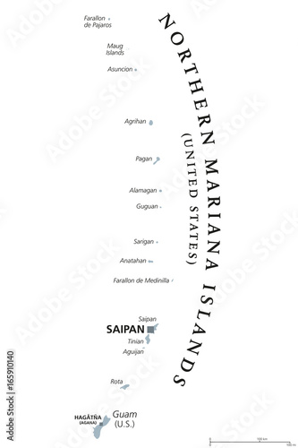 Northern Mariana Islands political map with capital Saipan. Insular area and commonwealth of the United States in the Pacific Ocean. Gray illustration on white background. English labeling. Vector.