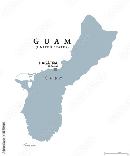 Guam political map with capital Hagatna, also known as Agana. Unincorporated and oganized territory of United States in western Pacific Ocean. Gray illustration over white. English labeling. Vector