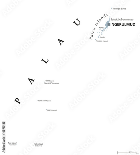 Palau political map with capital Ngerulmud. Republic and island country in the Pacific Ocean. Part of Caroline Islands in Micronesia. Former Belau or Pelew. Gray illustration. English labeling. Vector photo