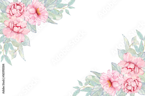 Watercolor hand painted flower pink peony invitation card isolated on white background