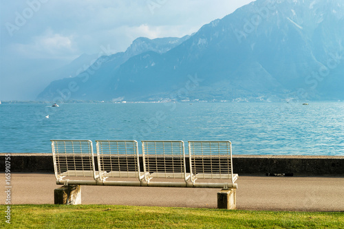 Bench at Geneva Lake in Vevey Swiss Riviera