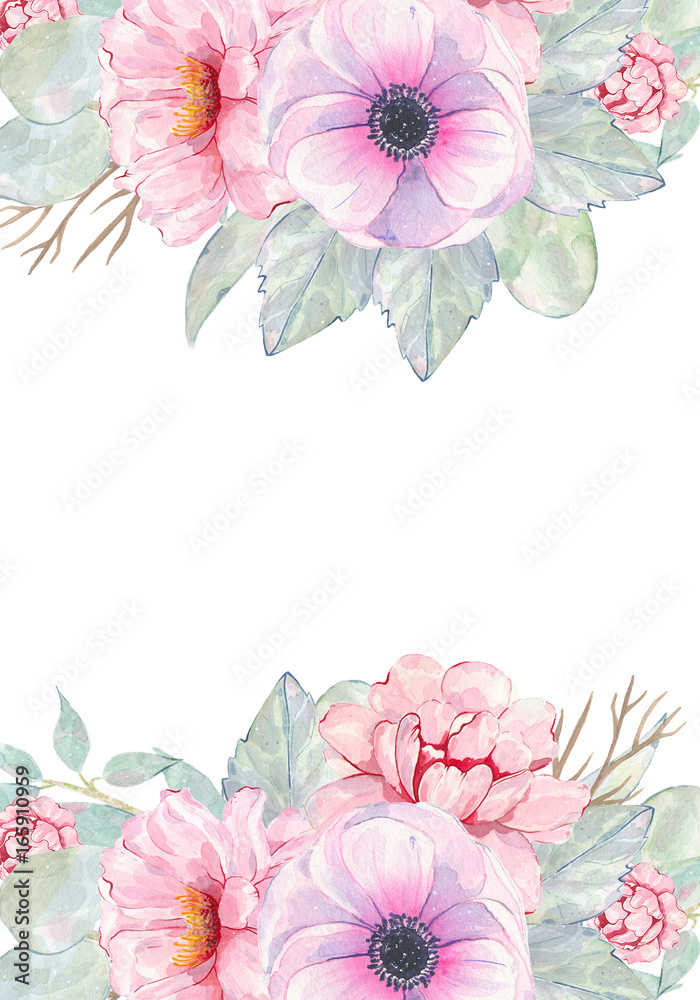 Watercolor hand painted flower pink anemone and peony invitation card isolated on white background Watercolor hand painted flower pink anemone and peony invitation card isolated on white background