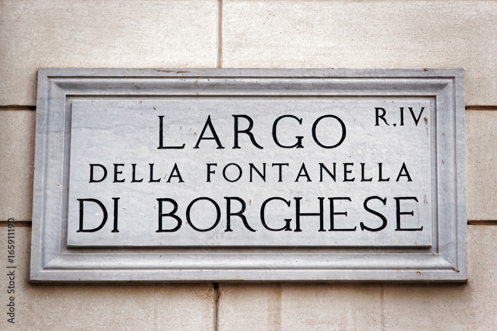 Largo della Fontanella di Borghese sign on wall in Rome Largo della Fontanella di Borghese sign on wall in Rome