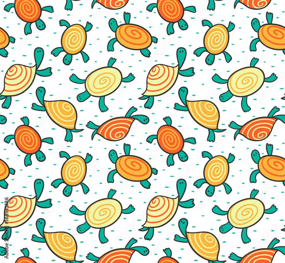 Seamless pattern with cartoon turtles. Vector hand drawn child design for fabric or wrap paper. Seamless pattern with cartoon turtles. Vector hand drawn child design for fabric or wrap paper.