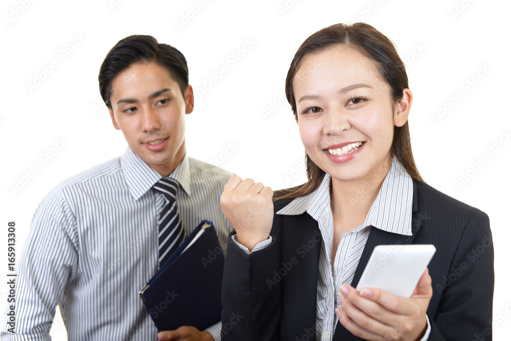 笑顔のビジネスマンとOL