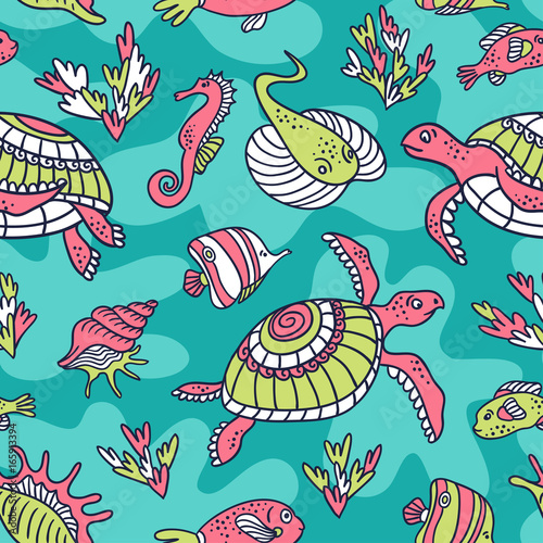 Vector seamless pattern with  ocean turtles  fish and inhabitants of the underwater world. Blue ethnic hand drawn fabric design.