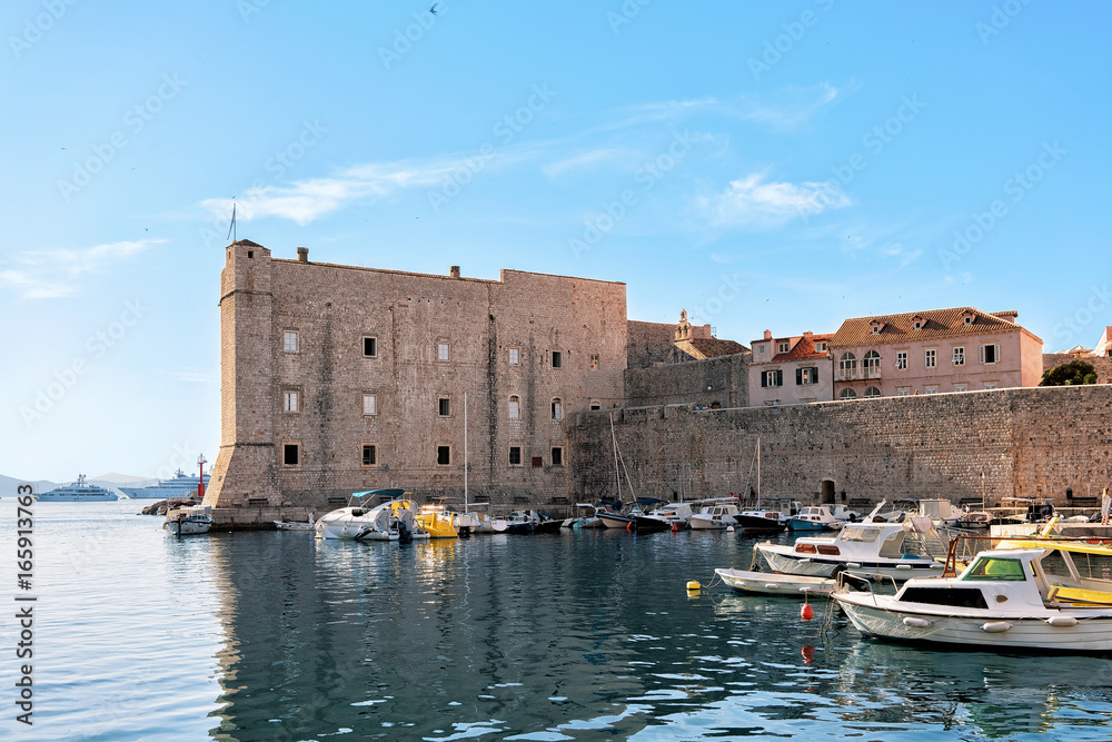 St John Fort and Sailing boats in Old port Dubrovnik
