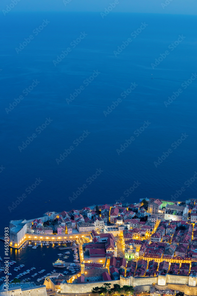 Old city walls and Adriatic sea Dubrovnik night Croatia