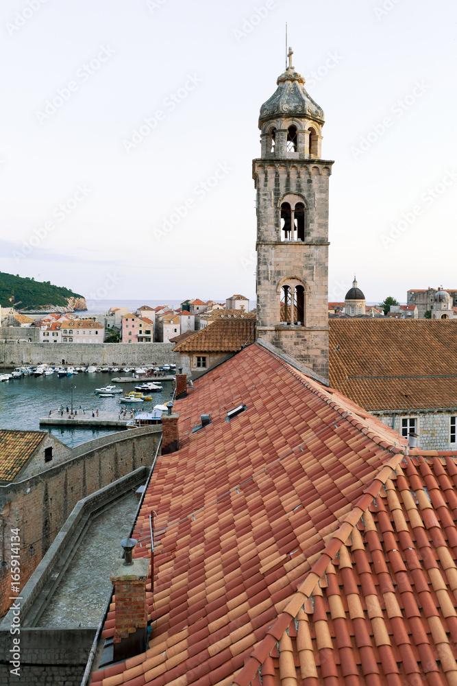 Dominican monastery bell tower and Adriatic Sea Dubrovnik evening Croatia