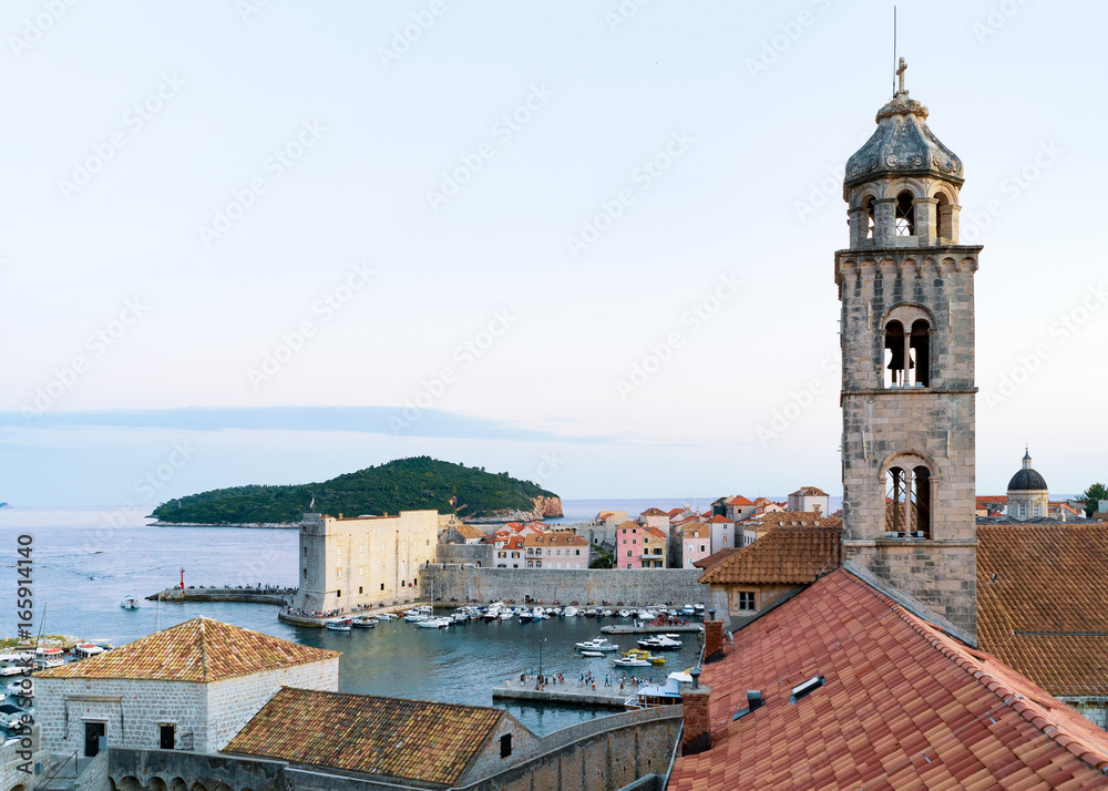 Dominican church belfry and Adriatic Sea Dubrovnik evening Croatia