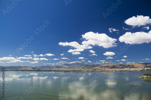 Ioannina lake Pamvotis from mountain mitsikeli summer colors, greece photo