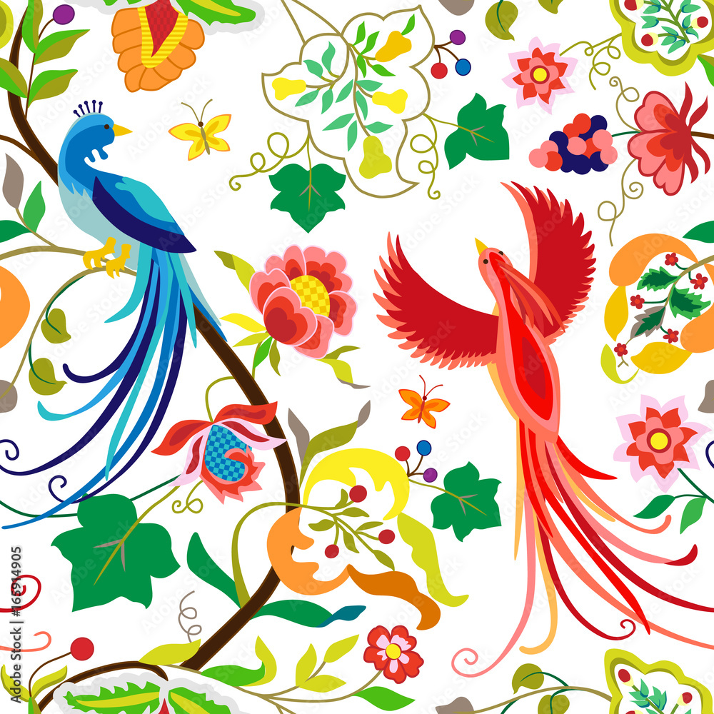 Folk pattern birds, flowers, leaf and grape branches in vintage style,isolated on white background. Hand drawn vector illustration suite with ethnic peacocks and flowers, separated editable elements