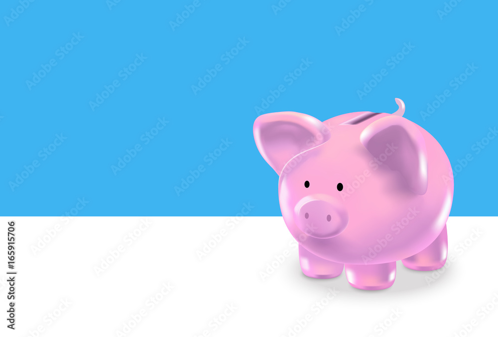 Realistic Money Box Pink Pig Background Card. Vector