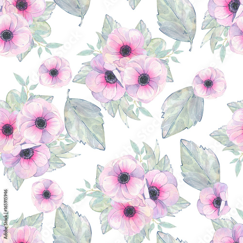 Watercolor seamless pattern hand painted with flower pink anemone  leaves isolated on white background