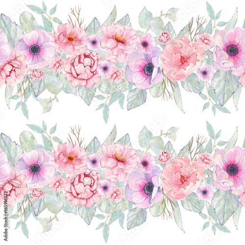 Watercolor seamless pattern hand painted with flower pink peony, anemone, leaves isolated on white background © madiwaso