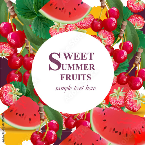 Summer watermelon, strawberry, cherries fusion background Vector