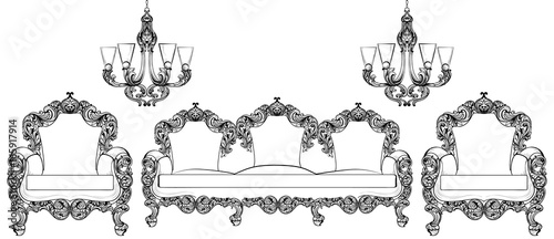 Baroque furniture set with luxurious ornaments. Vector French Luxury rich intricate structure. Victorian Royal Style decor