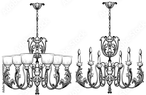 Rich Baroque Classic chandelier. Luxury decor accessory design. Vector illustration sketch
