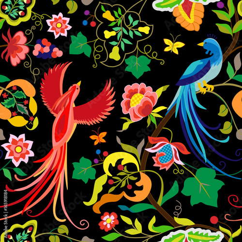 Folk pattern birds, flowers, leaf and grape branches in vintage style,isolated on black background. Hand drawn vector illustration suite with ethnic peacocks and flowers, separated editable elements